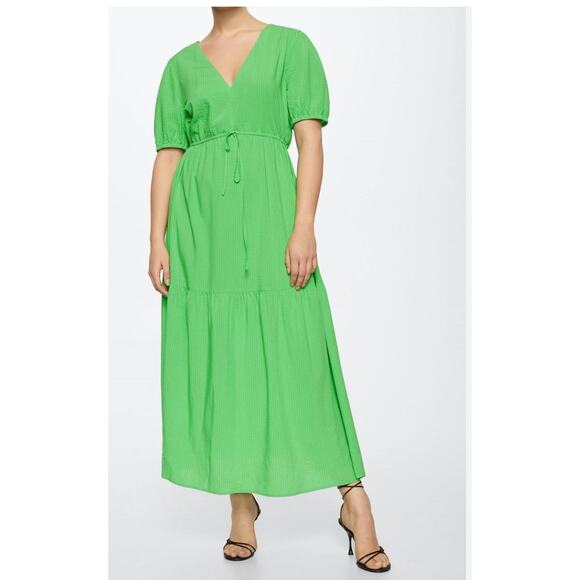 Mango MNG Bright Green V Neck Short Sleeve Maxi Tiered Dress Size 10 - Picture 1 of 9